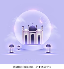 Ramadan Kareem Celebration Concept with 3D Exquisite Mosque, Crescent Moon Inside Glass Globe and Illuminated Lanterns on Pastel Purple Background.