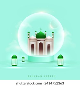 Ramadan Kareem Celebration Concept with 3D Exquisite Mosque, Crescent Moon Inside Glass Globe and Illuminated Lanterns on Pastel Mint Green Background.