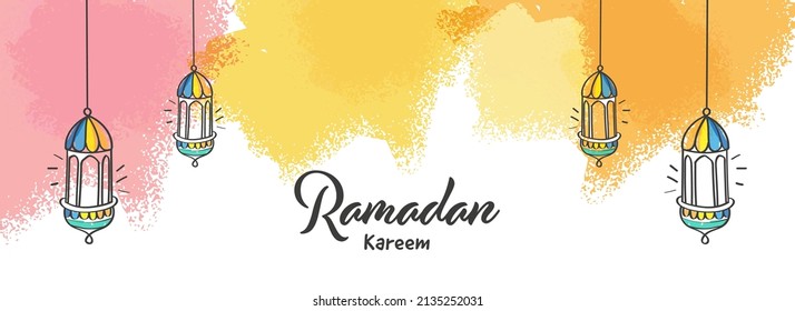 Ramadan Kareem Celebration Concept With Doodle Arabic Lanterns Hang And Color Splash Effect On White Background.