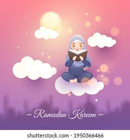 Ramadan Kareem Celebration Concept With Muslim Woman Reading Book, Clouds On Full Moon Pink And Purple Background.
