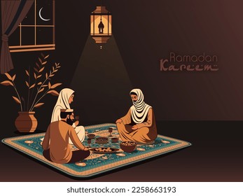 Ramadan Kareem Celebration Concept With Muslim Family Enjoying Delicious Food At Night Time.