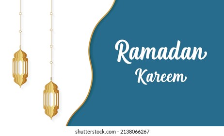 Ramadan kareem celebration concept occurred in the presense of moon
and lamp situated in dark blue background vector image.