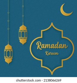 Ramadan kareem celebration concept occurred in the presense of moon
and lamp situated in dark blue background vector image.