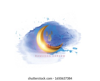 Ramadan Kareem Celebration with Crescent Moon and hanging Illuminated Lanterns, Mosque Silhouette 