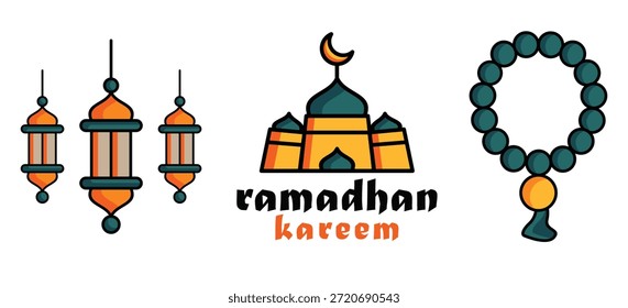 Ramadan Kareem Feier Essentials mit traditionellen Laternen, eine Moschee und Gebetsperlen