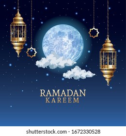 ramadan kareem celebration with golden lanterns hanging vector illustration design