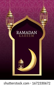 ramadan kareem celebration with golden moon and lantern vector illustration design