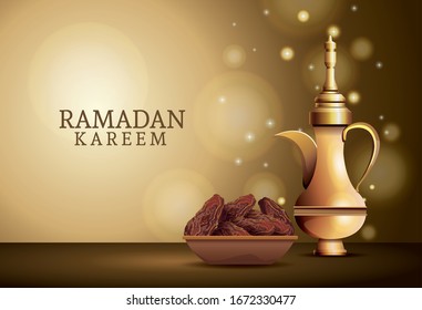 ramadan kareem celebration with golden teapot and food vector illustration design