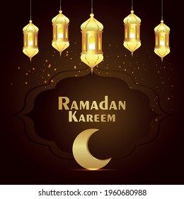 Ramadan kareem celebration greeting card with golden lantern and moon