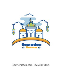 Ramadan kareem celebration greeting card. Modern line art Islamic mosque building with crescent moon, lantern and clouds drawn in minimalistic flat art style. Vector illustration. 
