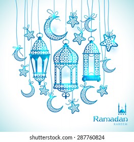 Ramadan Kareem celebration greeting card decorated with blue moons, lamps and stars on white background.