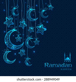 Ramadan Kareem celebration greeting card decorated with blue moons and stars on dark background.