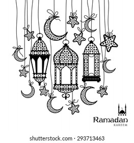Ramadan Kareem celebration greeting card decorated with black moons, lamps and stars on white background.
