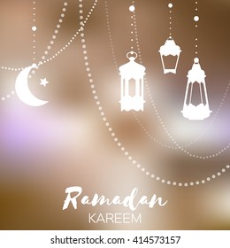 Ramadan Kareem celebration greeting card. Hanging arabic lamps, stars and crescent moon. Holy month of muslim. Symbol of Islam. Moon Ramadan. Vector illustration.