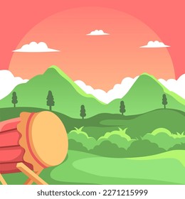 ramadan kareem celebration illustration, vector drum with nature and green mountain background. religious background design and beautiful scenery