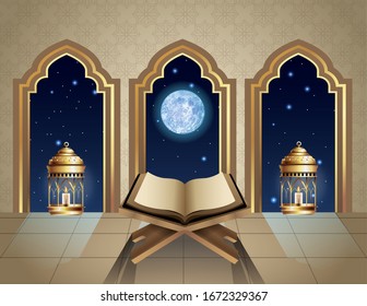 ramadan kareem celebration with koran book vector illustration design