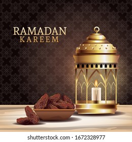 ramadan kareem celebration with lantern and dish food vector illustration design