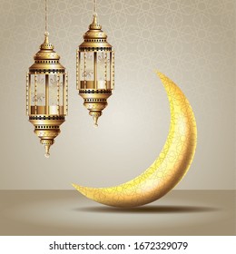 ramadan kareem celebration with lanterns hanging and moon vector illustration