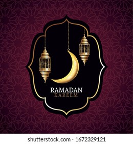 ramadan kareem celebration with lanterns hanging and moon vector illustration