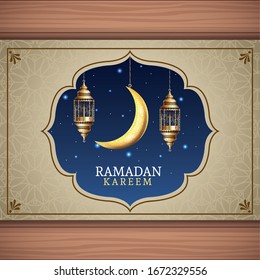 ramadan kareem celebration with lanterns hanging and moon vector illustration