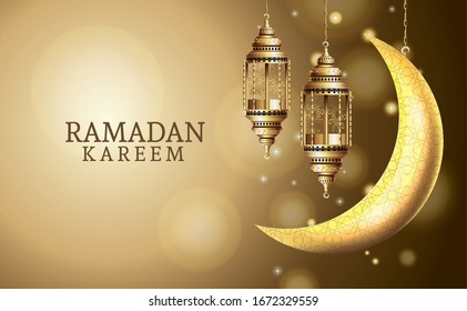 ramadan kareem celebration with lanterns hanging and moon vector illustration