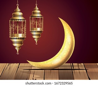 ramadan kareem celebration with lanterns hanging and moon vector illustration