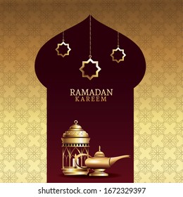 ramadan kareem celebration with lanterns and magic lamp vector illustration
