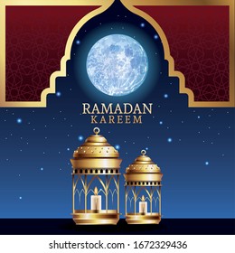 ramadan kareem celebration with lanterns and moon vector illustration design