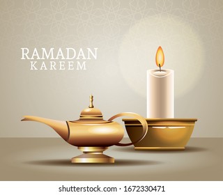 ramadan kareem celebration with magic lamp and candle vector illustration design