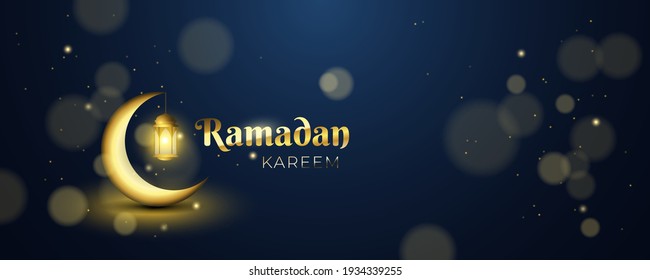 Ramadan Kareem celebration party. Beautiful Islamic greeting card with glitter gold particles. Luxury 3D background design with Arabic lantern and glowing crescent moon on dark background