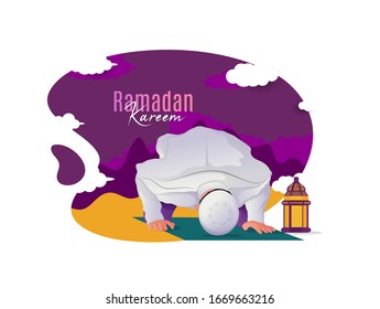 Ramadan Kareem Celebration Poster Design with Hanging Crescent Moon, Lanterns and Stars,Cartoon Muslim character 
