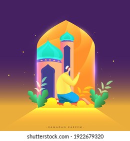 Ramadan Kareem Celebration Poster Design With Muslim Man Offering Namaz In Mosque On Purple And Yellow Background.