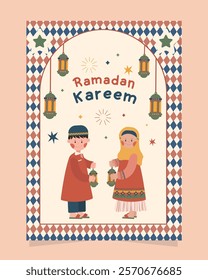 Ramadan Kareem Celebration Poster with Vibrant color and Cute Style. Islamic holiday vector illustrations, Arabic architecture, mosque, objects and background for a poster, banner or card