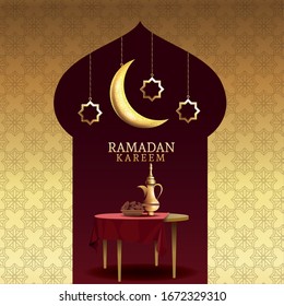 Ramadan Kareem Celebration With Teapot In Table Vector Illustration Design