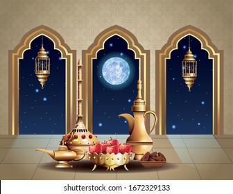 ramadan kareem celebration with temple inside and golden utensils vector design