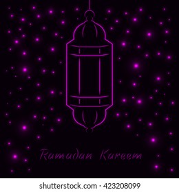 Ramadan Kareem celebration vintage illustration, light magenta design on dark background