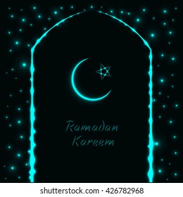Ramadan Kareem celebration vintage illustration, light cyan design on dark background
