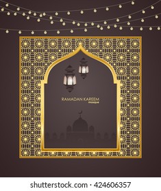 Ramadan Kareem celebrations. Ramadan greetings background. Islamic holy month of prayers. vector holiday illustration of gold Ramadan Kareem label. Composition muslim holy month with mosque and fanus