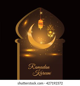 Ramadan Kareem celebrations. Ramadan greetings background. Islamic holy month of prayers. vector holiday illustration of gold Ramadan Kareem label. Composition muslim holy month.