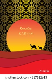 Ramadan kareem celebrations vector graphic design. Camels walking on sand dune in the desert with sunrise or sunset. Gold geometric hexagonal pattern in background. A4 ratio.
