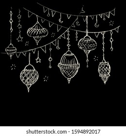 Ramadan kareem chalk drawing banner. Hanging lanterns, flags, stars. Sketch style, islamic background.