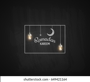 Ramadan Kareem chalk drawn frame with with hanging fanous lanterns and crescent moon greeting card vector background. EPS10