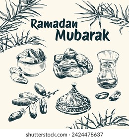 Ramadan Kareem collection. Isolated hand drawn unique Islamic symbols set. Great for creating your own Ramadan 
 Mubarak, Eid-al-Fitr design. Arabic dishes, dates, palm branches, water glass. 