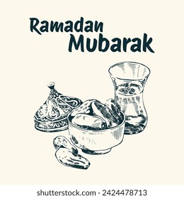 Ramadan Kareem collection. Isolated hand drawn unique Islamic symbols set. Great for creating your own Ramadan 
 Mubarak, Eid-al-Fitr design. Arabic dishes, dates, palm branches, water glass. 