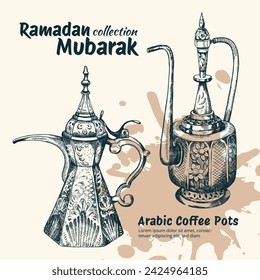 Colección Ramadan Kareem. Conjunto de símbolos islámicos únicos dibujados a mano aislados. Genial para crear tu propio Ramadán 
Mubarak, diseño de Eid-al-Fitr. Dallah cuidadosamente dibujado - Ollas de café en estilo árabe.