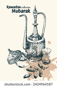Ramadan Kareem collection. Isolated hand drawn unique Islamic symbols set. Great for creating your own Ramadan 
Mubarak, Eid-al-Fitr design. Arabic dishes, dates, coffee pots, water glass. 