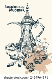 Ramadan Kareem collection. Isolated hand drawn unique Islamic symbols set. Great for creating your own Ramadan Mubarak, Eid-al-Fitr design. Arabic dishes, dates, coffee pots, water glass. 