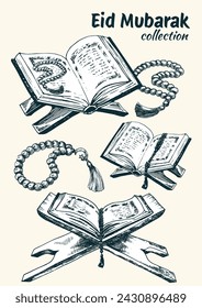 Ramadan Kareem collection. Isolated hand drawn unique Islamic symbols set. Great for creating your own Ramadan Mubarak, Eid-al-Fitr design. Al Quran with tasbih, Koran with beads.