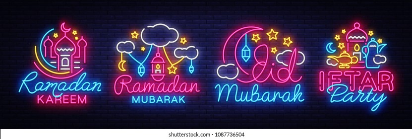 Ramadan Kareem collection neon signs vector. Leaflet design template concept of lines with colored crescent and mosque, iftar party. Islamic banner background design, neon symbol, modern trend design