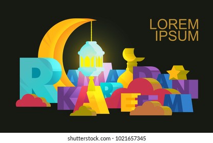 Ramadan kareem color 3D volume lettering on dark backround. Vector Illustration for greeting card, poster and banner.